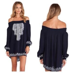 Tularosa Revolve Jacqueline Navy Embroidered Off Shoulder Tunic Mini Dress XS